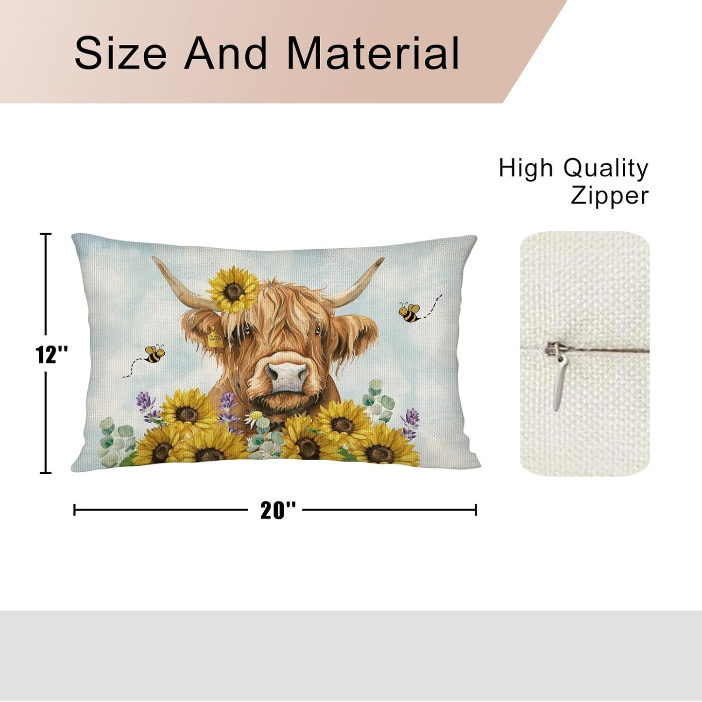 Sunflower Highland Cow Lumbar Throw Pillow Cover 12x20 Inch Summer Cushion Case Decoration for Sofa Couch BST202