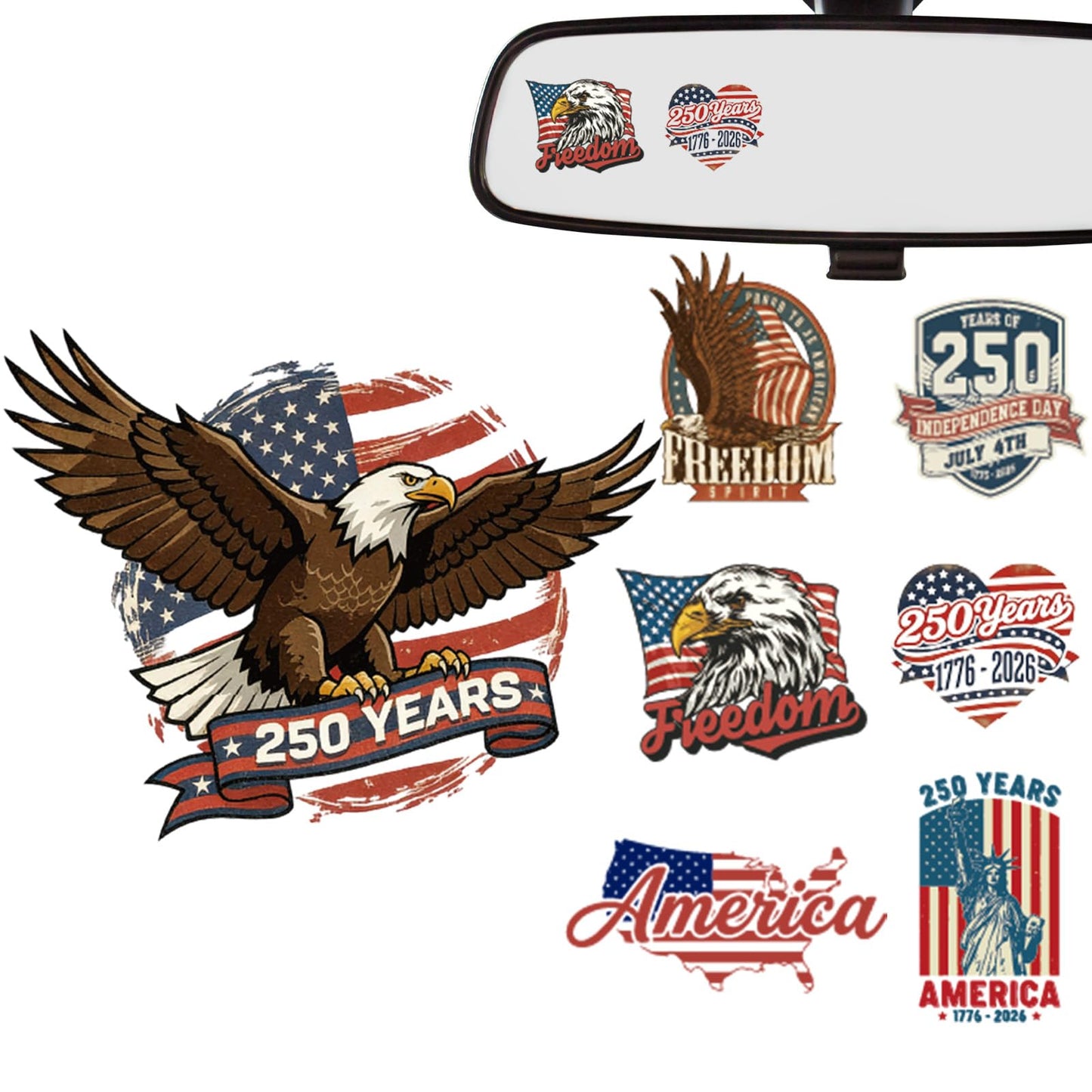 Dazoratix 250th Anniversary Car Decals - 7 Pcs Eagle 250 Years America Flag Merchandise American Patriotic USA 4th of July Independence Vinyl Rearview Mirror Stickers for Window Vehicle Tumbler Bumper BST326L