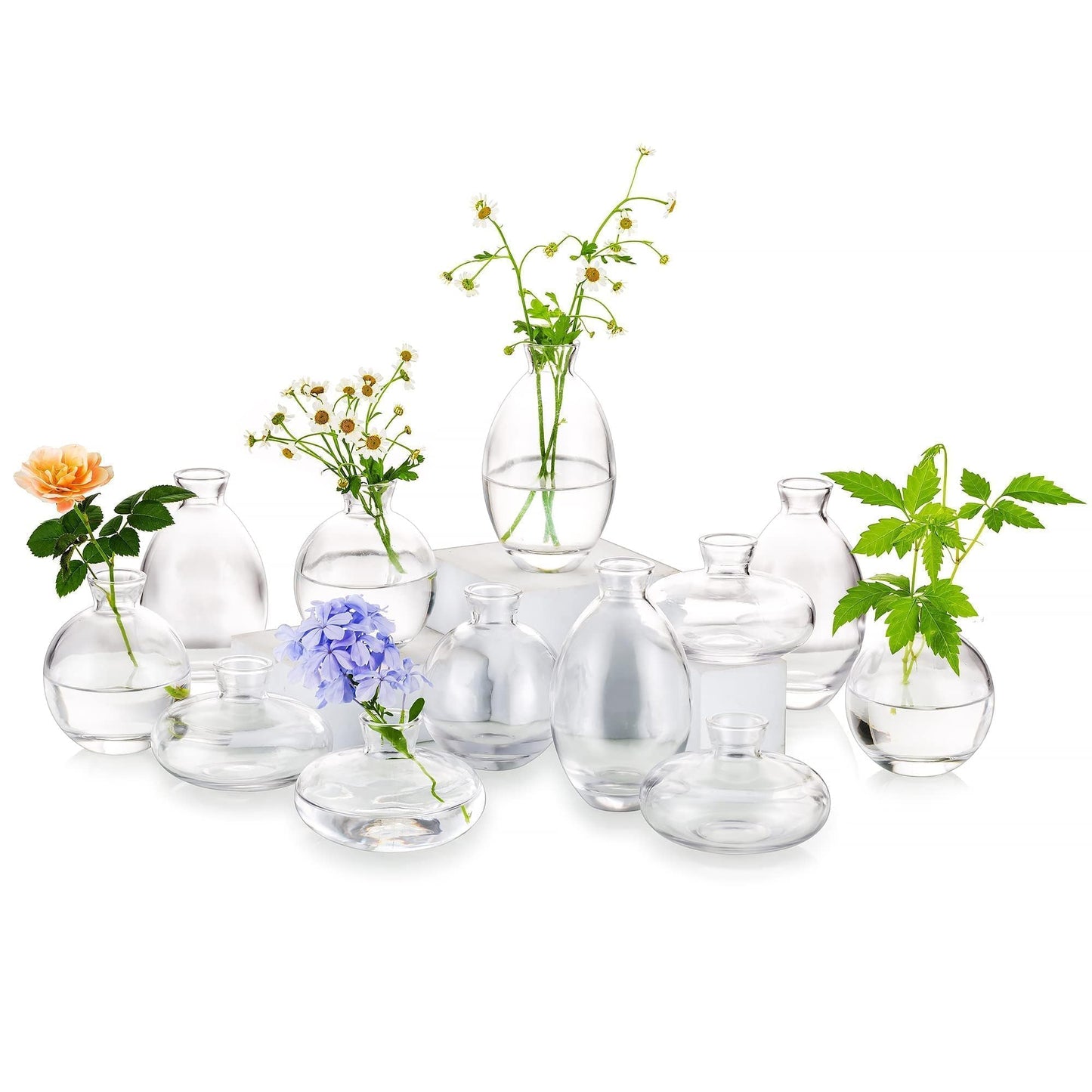Glasseam Clear Glass Bud Vase, 3Pcs/Set Modern Decorative Small Mini Flowers Vases Short Minimalist Aesthetic Home Decor Vintage Cute Handmade Tiny Wedding Table Centerpieces for Single Flower Rose BST326H