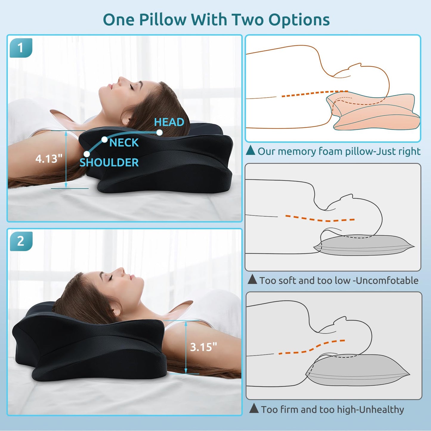 DONAMA Cervical Pillow for Neck and Shoulder,Contour Memory Foam Pillow,Ergonomic Neck Support Pillow for Side Back Stomach Sleepers with Pillowcase-Standard Size BST220