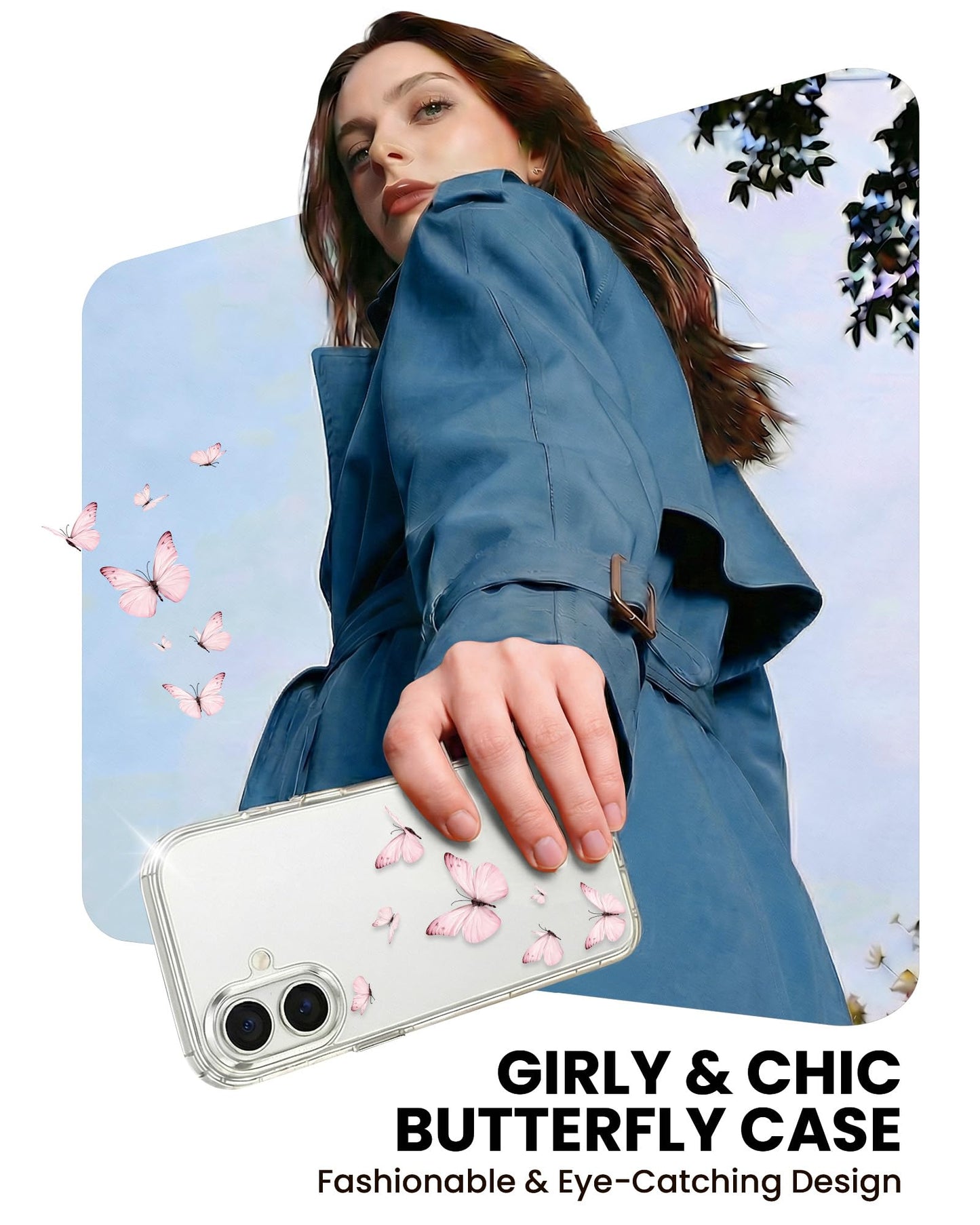 Cute Girly Crystal Clear Case Compatible with iPhone 16 Pro, Camera Control & Shockproof Protection Floral Case for Women, Blue Butterflies WN420