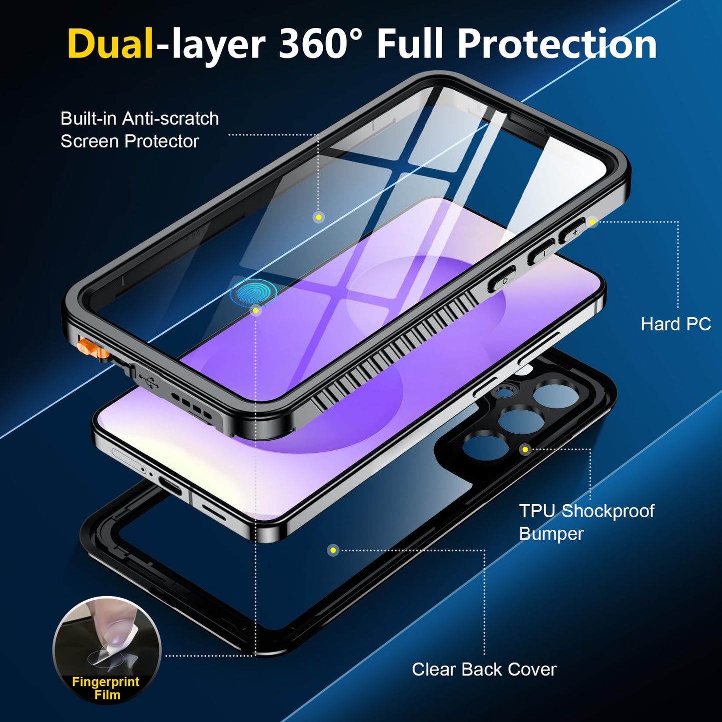 SPIDERCASE Designed for Samsung Galaxy S23 Case Waterproof,Built-in Screen & Camera Lens Protector[IP68 Underwater][Military Grade Shockproof] Full Body Protection Phone Case, Black/Clear WN420