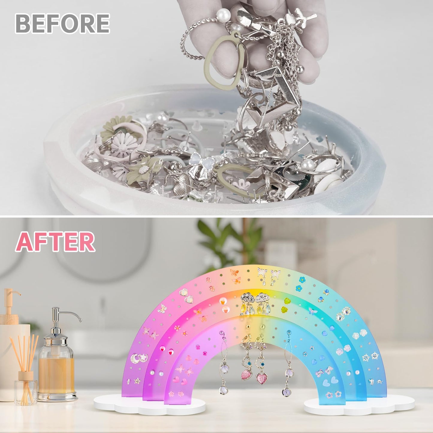 NiHome Earring Organizer Holder, 3-Tier 140 Holes Display, Iridescent | Lightweight Sturdy Fade-Resistant Vanity and Bathroom Storage Detachable Easy Assembly Travel-Friendly Design BST326H