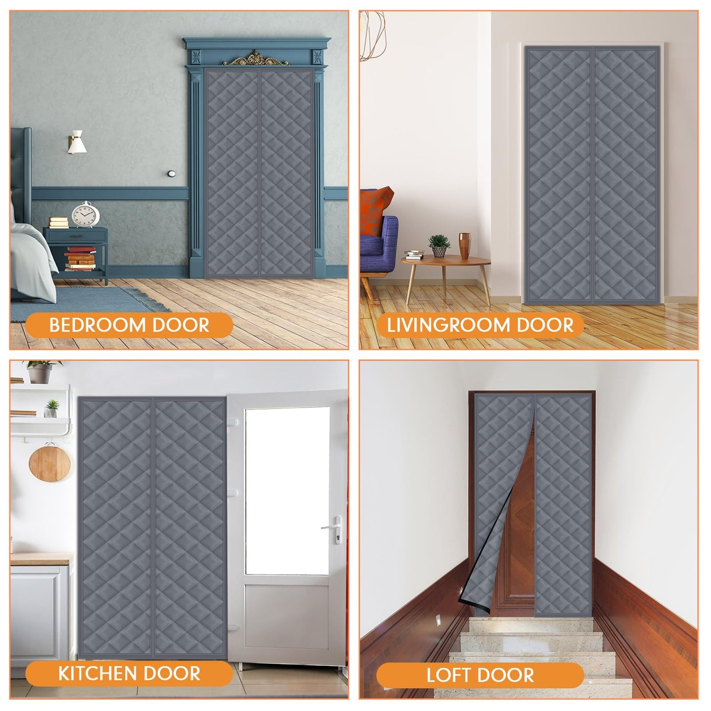 Fanfanwin 2 Sets Magnetic Thermal Insulated Curtains for Doors Winter Thicken Quilted Oxford Cotton Door Cover Waterproof Window Attic Blanket for Cold Weather(Gray,36" X 80")
