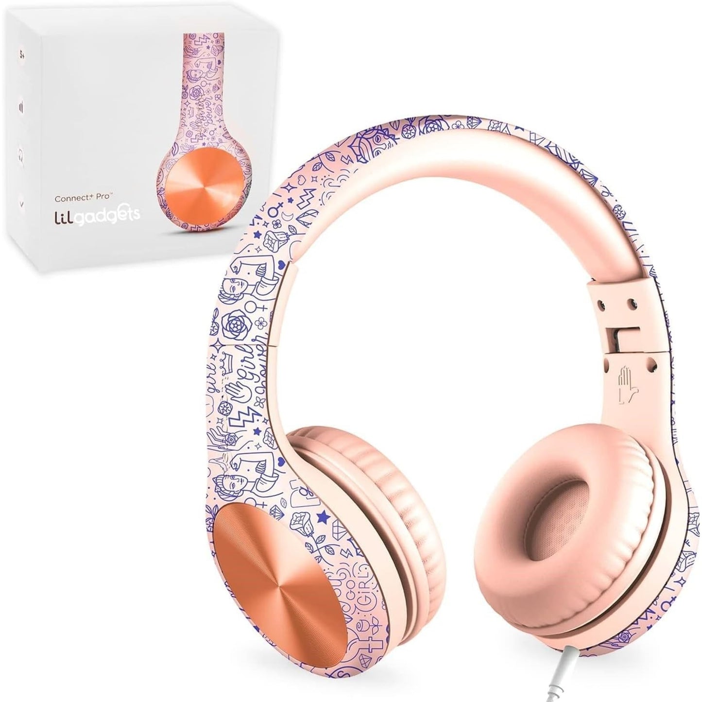 LilGadgets Connect+ Pro Wired Kids Headphones for School with Microphone, Volume Limiting Over-Ear Headset with Cord, SharePort Technology & SoftTouch Padding, Blue