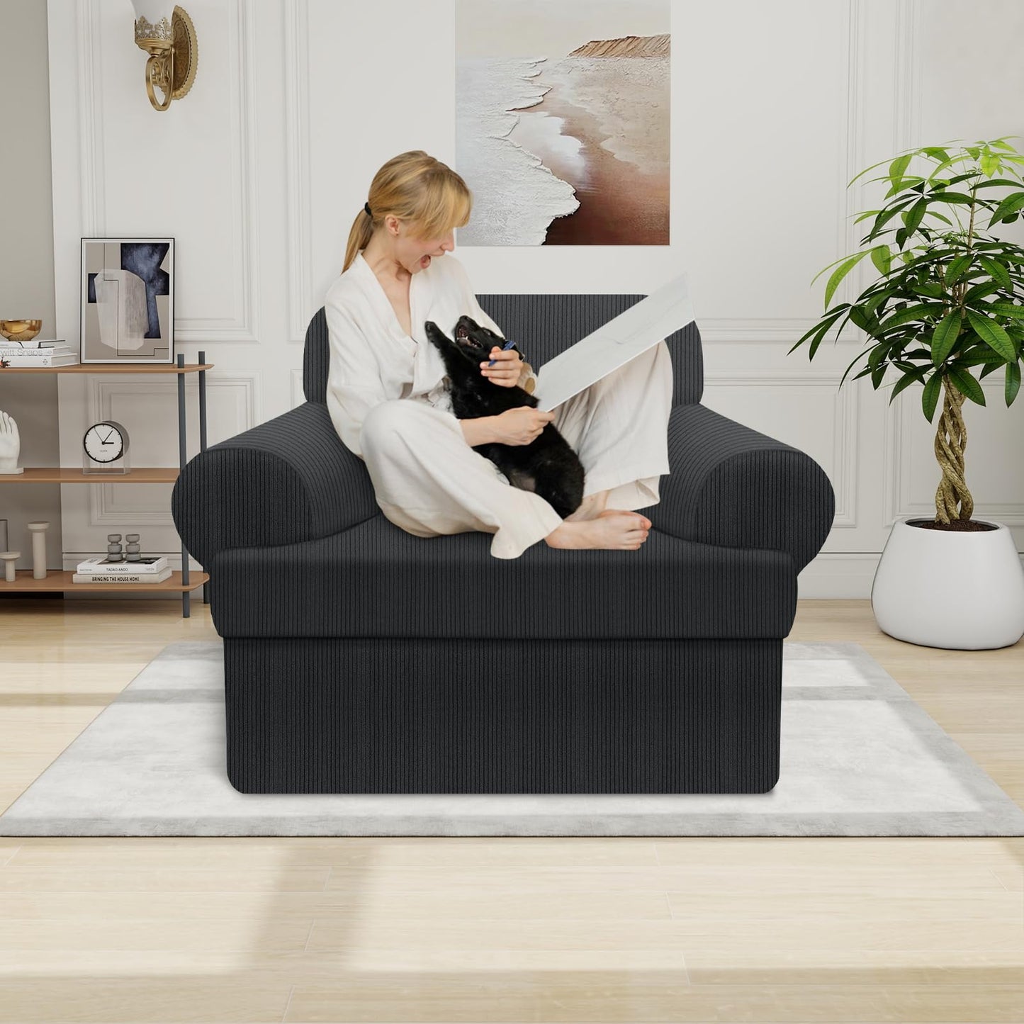 Waterproof Chair Cover with Arms 2-Piece Set Striped Slipcover for 1 Separate T Cushion Couch - TPU Fabric Armchair Covers Leakproof Couch Protector for Kids, Pets(Chair, Beige) BST220