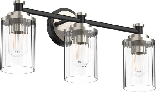 Bathroom Lighting Fixtures Black and Brushed Nickel Bathroom Vanity Light with Cylindrical Clear Stripes Glass Lampshade E26 Socket Base Bathroom Lighting Fixtures Over Mirror (3 Lights)