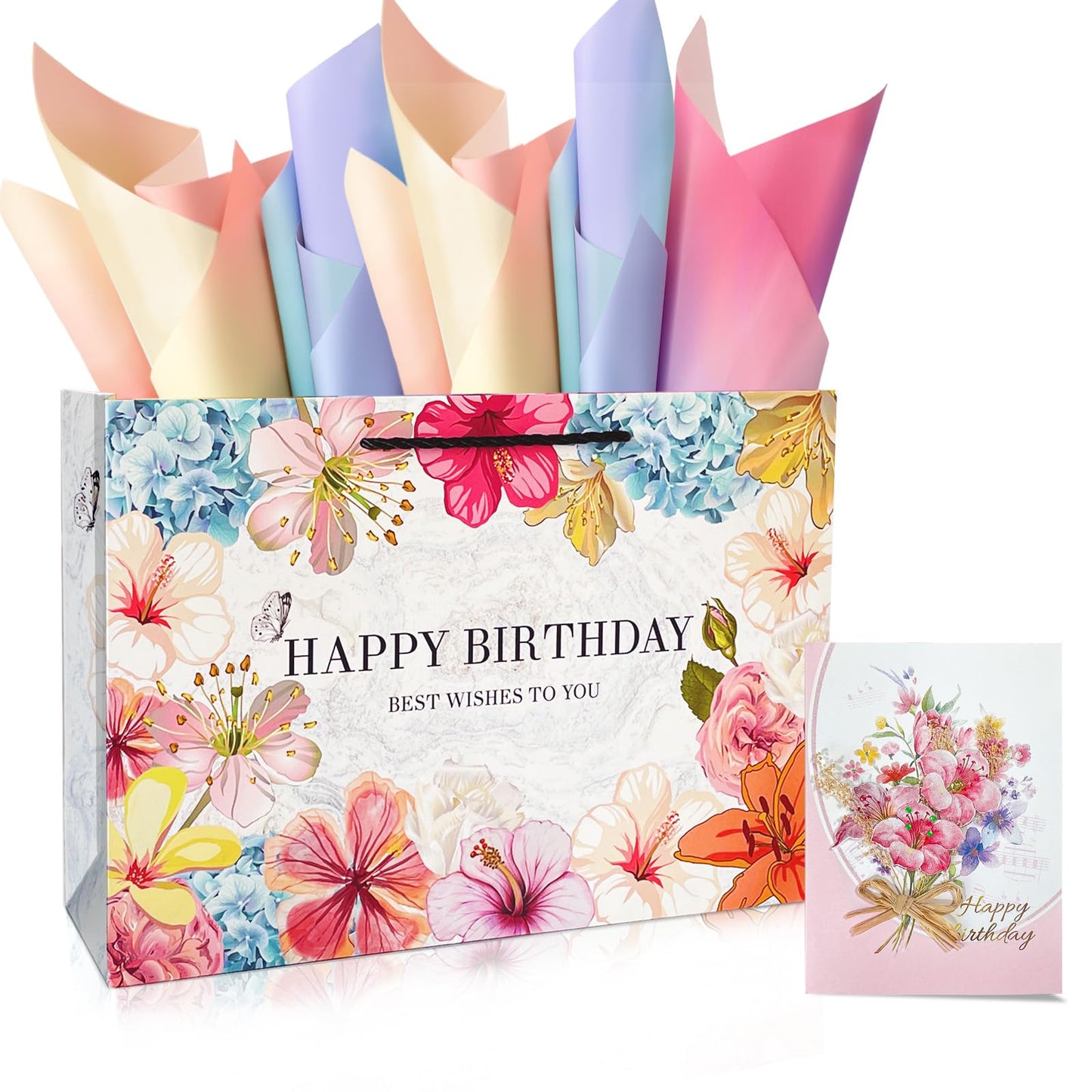 Kecorax Birthday Gift Bag for Women, 14" Large Birthday Bags Set for Girls with Tissue Paper, Card and Ribbons, Suitable for Birthday-themed Parties BST220