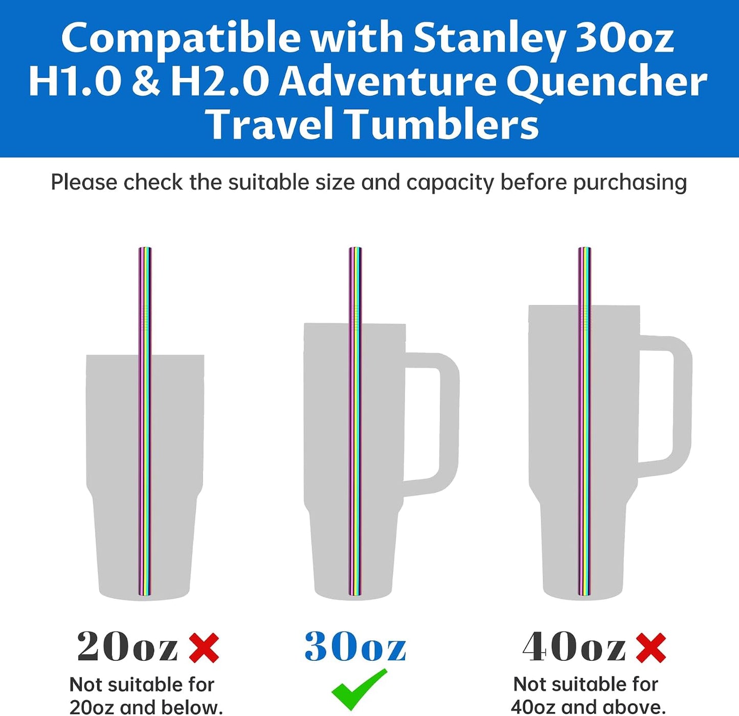 Tomorotec 14PCS Stainless Steel Straws Fit for 30oz Stanley Tumblers | 11" Reusable Drinking Straws with Brush, 7 Bent & 7 Straight for Smoothies, Milkshakes, Coffee, Dishwasher Safe (Metallic) BST326L