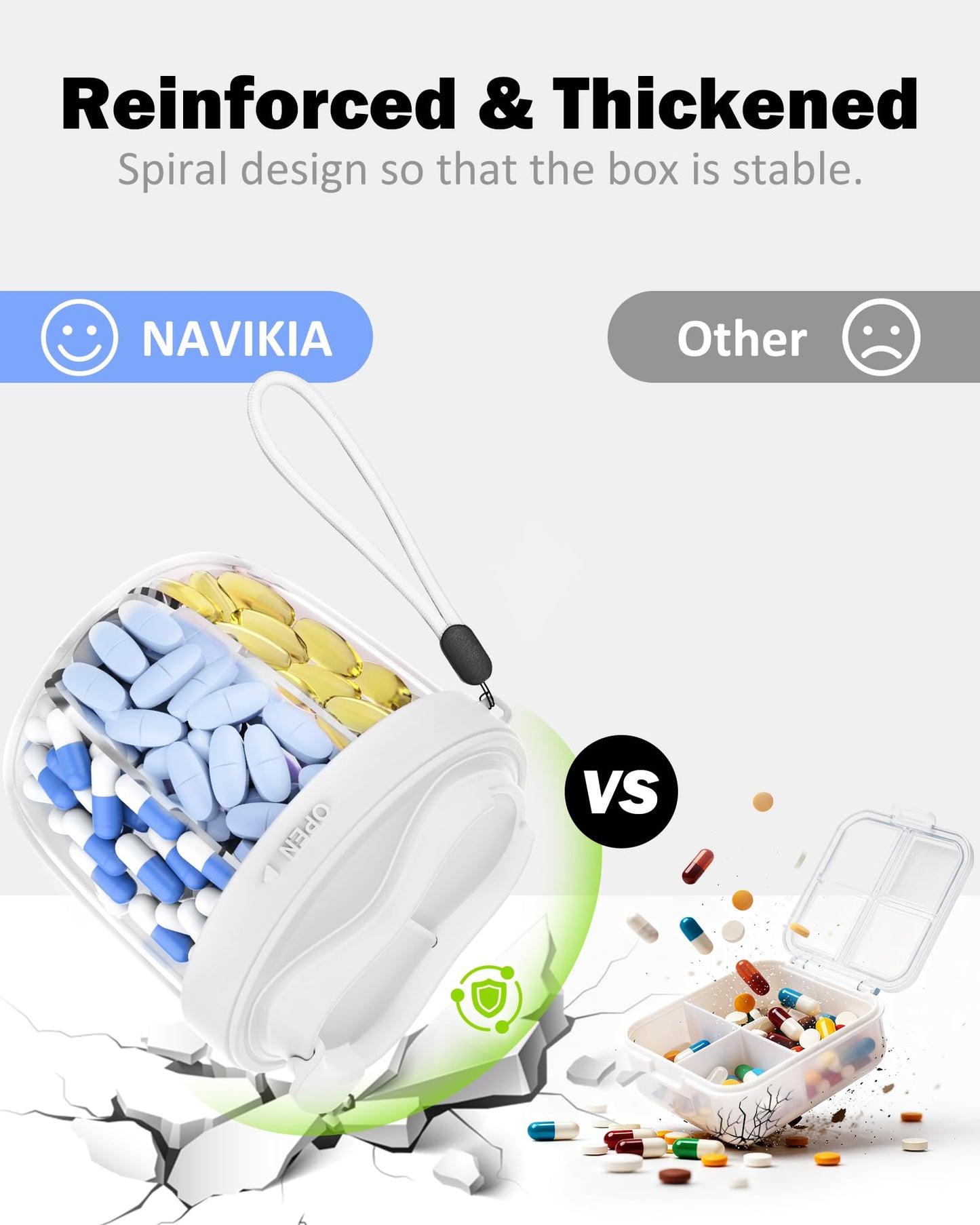 Cute Pill Organizer,Pill Dispenser with 7 Large Compartments,Portable Pill Bottle Box with Wide Opening for Easy Use, Anti-Mix Pills Organizer for Travel,Includes 20 Pcs Sticky Labels(Black) WN420