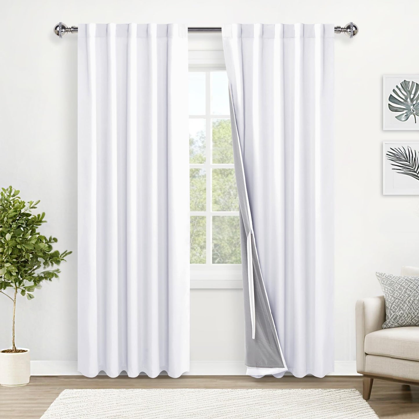 XWZO White Blackout Curtains with Tiebacks - Rod Pocket & Back Tab Heat and Full Light Blocking Window Panels for Bedroom/Nursery, 84 Inches Long Thermal Insulated Draperies, W42 x L84, Set of 2 BST326H