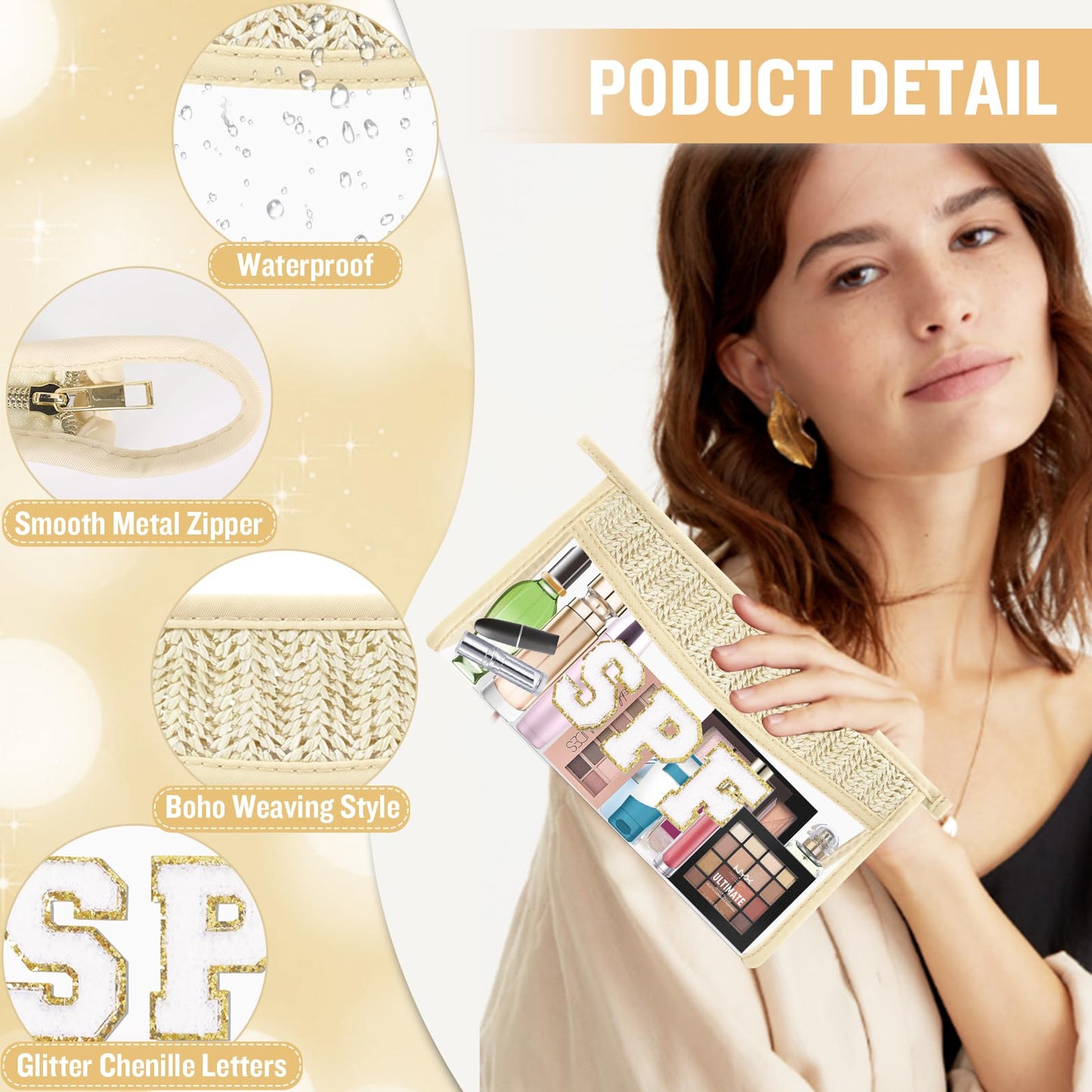 Boho Clear Makeup Bag Cosmetic Zipper Pouch Purse, Clear Toiletry Bags Travel Small Preppy Cute DIY Chenille Letter Bag, Transparent PVC Waterproof Clutch Make Up Organizer Storage Bag for Women Girls BST220