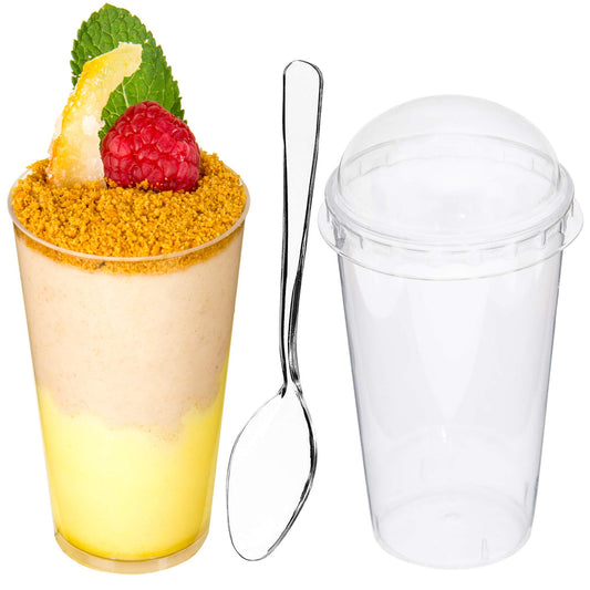 DLux 100 x 3 oz Mini Dessert Cups with Spoons, Shooter - Clear Plastic Parfait Appetizer Cup - Small Reusable Shooter Glass for Tasting Party Shooters Desserts Appetizers - With Recipe Ebook BST220