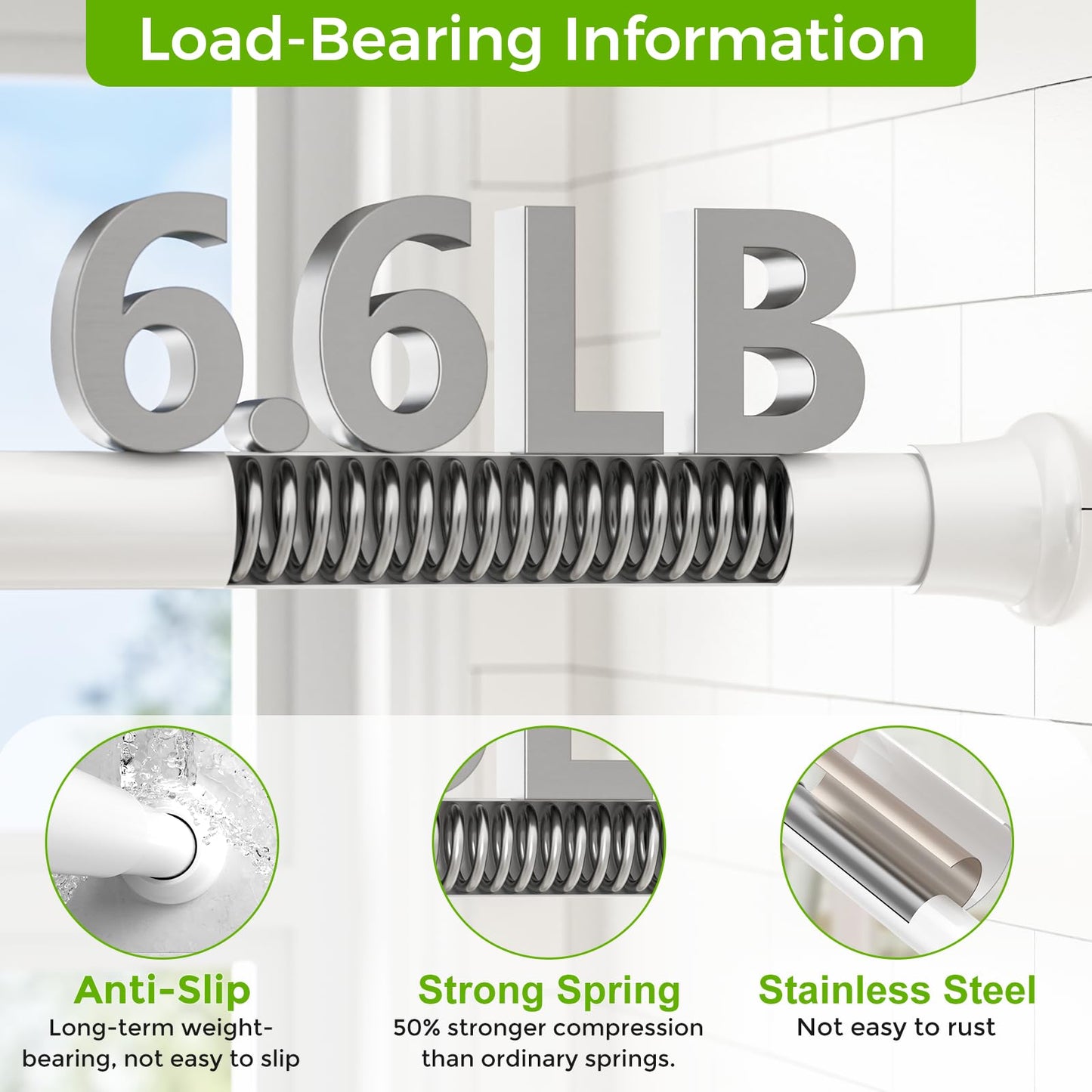 White Shower Curtain Rod 32 to 76 Inches Adjustable, 7/8 Inch Diameter Heavy Duty Tension Curtain Rods No Drill, Rust-Resistant Tension Rod for Bathroom, 1 Pack BST326H