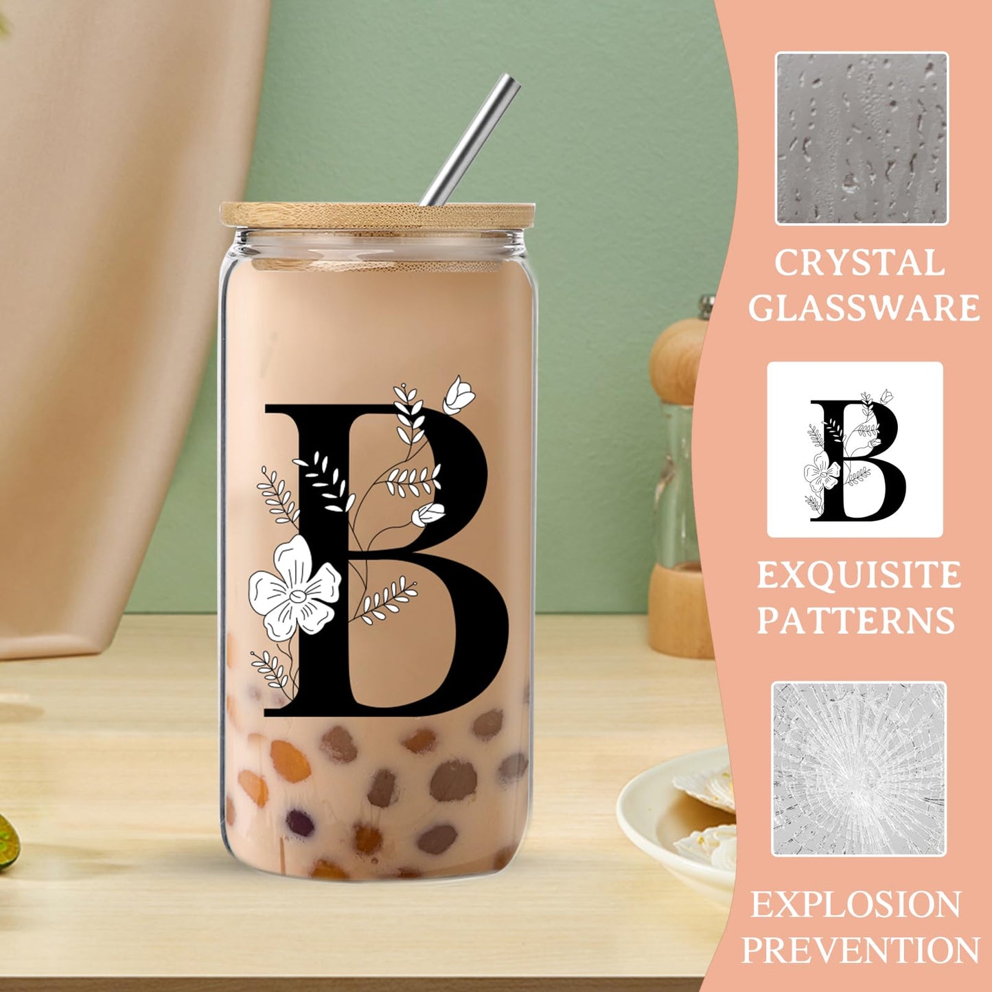 Monogrammed Initial Glass Cup with Lids and Straws gift for Women | Personalized Gift Set with Doll, 16 Oz Ice Coffee Cup ,reusable glass tumbler,Birthday Christmas Gift for Her,U WN420