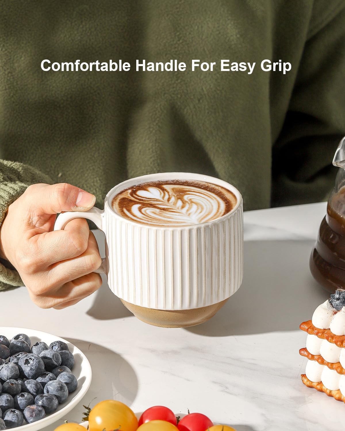 HASENSE 15 oz Ribbed Stackable Coffee Mug Set of 4, Porcelain Latte Cups with Metal Rack, Dishwasher & Microwave Safe, Cappuccino Tea Hot Cocoa, White BST220