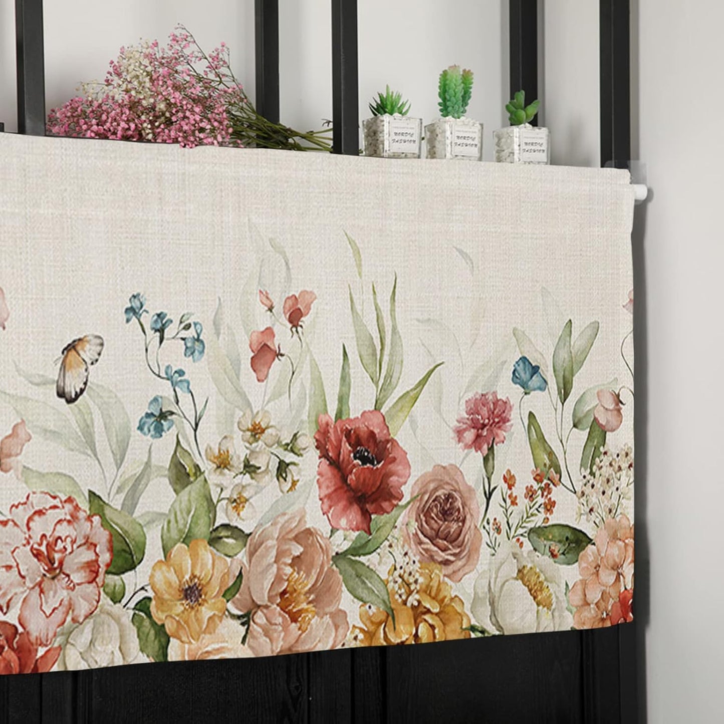 Spring Rose Curtain Valances for Windows, Wild Flowers Butterfly Linen Texture Rod Pocket Valance Window Treatments Botanical Short Curtains for Kitchen Bathroom Living Room 54 x 18 Inches, 1 Panel BST220
