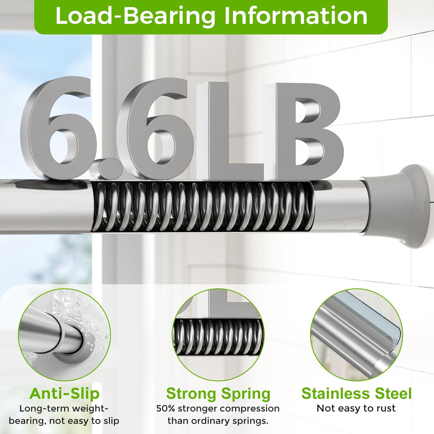 White Shower Curtain Rod 32 to 76 Inches Adjustable, 7/8 Inch Diameter Heavy Duty Tension Curtain Rods No Drill, Rust-Resistant Tension Rod for Bathroom, 1 Pack BST326H