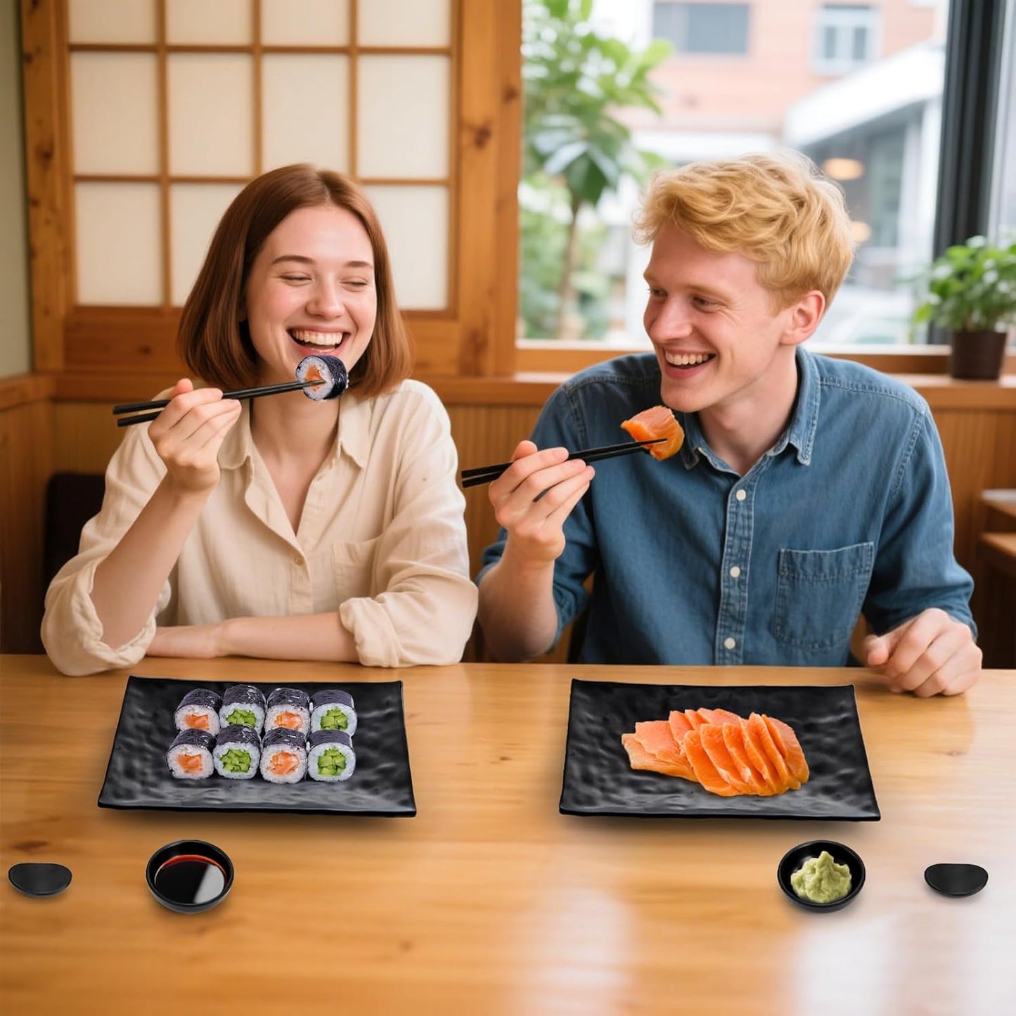 16 Pcs Sushi Plate Set, Melamine Sushi Serving Dishes, Japanese Dinnerware Sets with 4 Sushi Trays, 4 Soy Sauce Bowls 4 Pairs of Chopsticks and Holders, Wedding Housewarming Gift, Black
