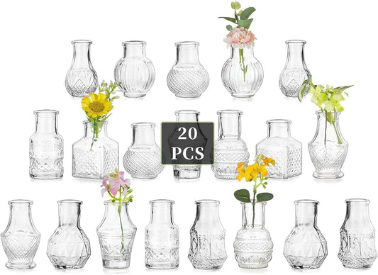 Glasseam Mini Bud Vases for Centerpieces: 20Pcs Clear Glass Vases in Bulk | For Single Flowers, Small Stems, Tiny 2.7", Embossed Thick Glass, Wedding, Party, Baby Shower, Dining Room Table Decoration BST326H