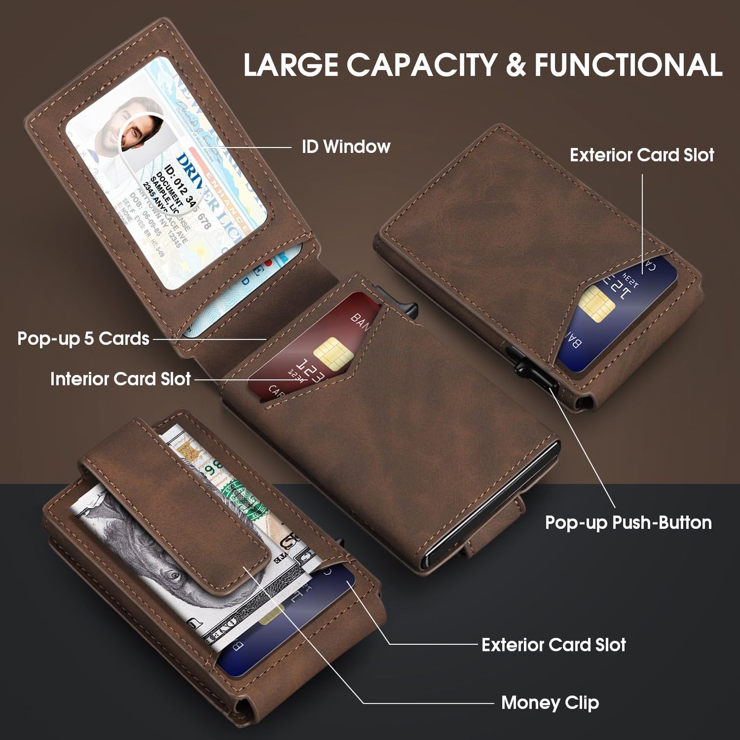 Wallet for Men RFID Blocking Card Holder, Genuine Leather Slim Pop up Card Case, Minimaslit, Front Pocket, 9-13 Card Capacity, ID Window, Money Clip(Carbon) BST220