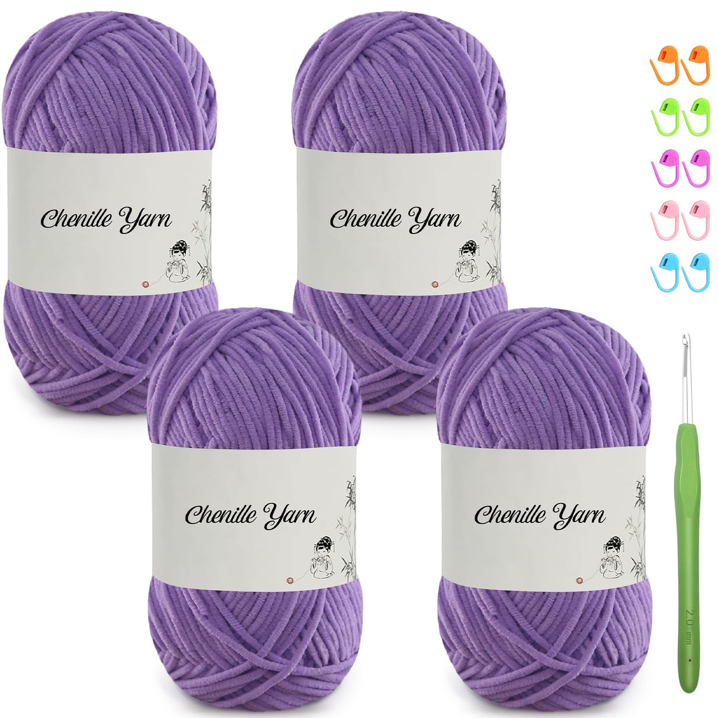 4 Pack of 1.76oz Chenille Yarn for Crocheting,158yards Soft Fluffy Velvet Yarn, Ideal Crochet for DIY Baby Blankets Toys Scarves Throw Pillows Hats Cushions(Purple) BST326L