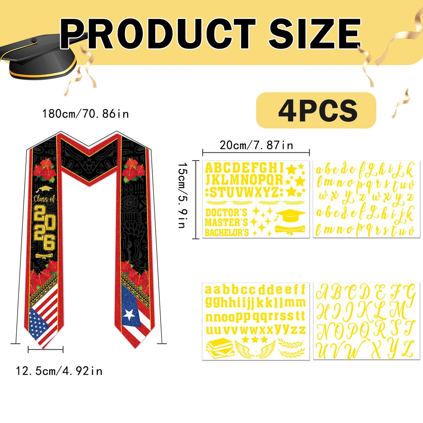 Dazoratix Filipino Graduation Stole 2026 - Philippines American Flag Sash Personalized Custom Glitter Iron on Letters Patches DIY Customize Transfer Stickers for Senior Student School Grad Decorations BST326L