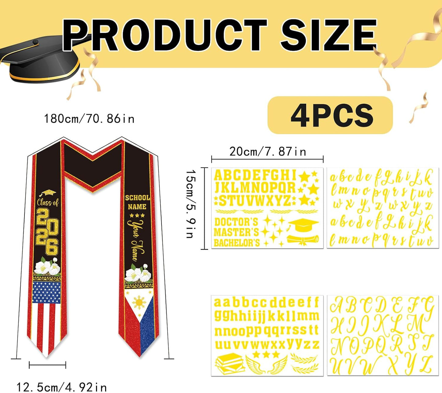 Dazoratix Filipino Graduation Stole 2026 - Philippines American Flag Sash Personalized Custom Glitter Iron on Letters Patches DIY Customize Transfer Stickers for Senior Student School Grad Decorations BST326L