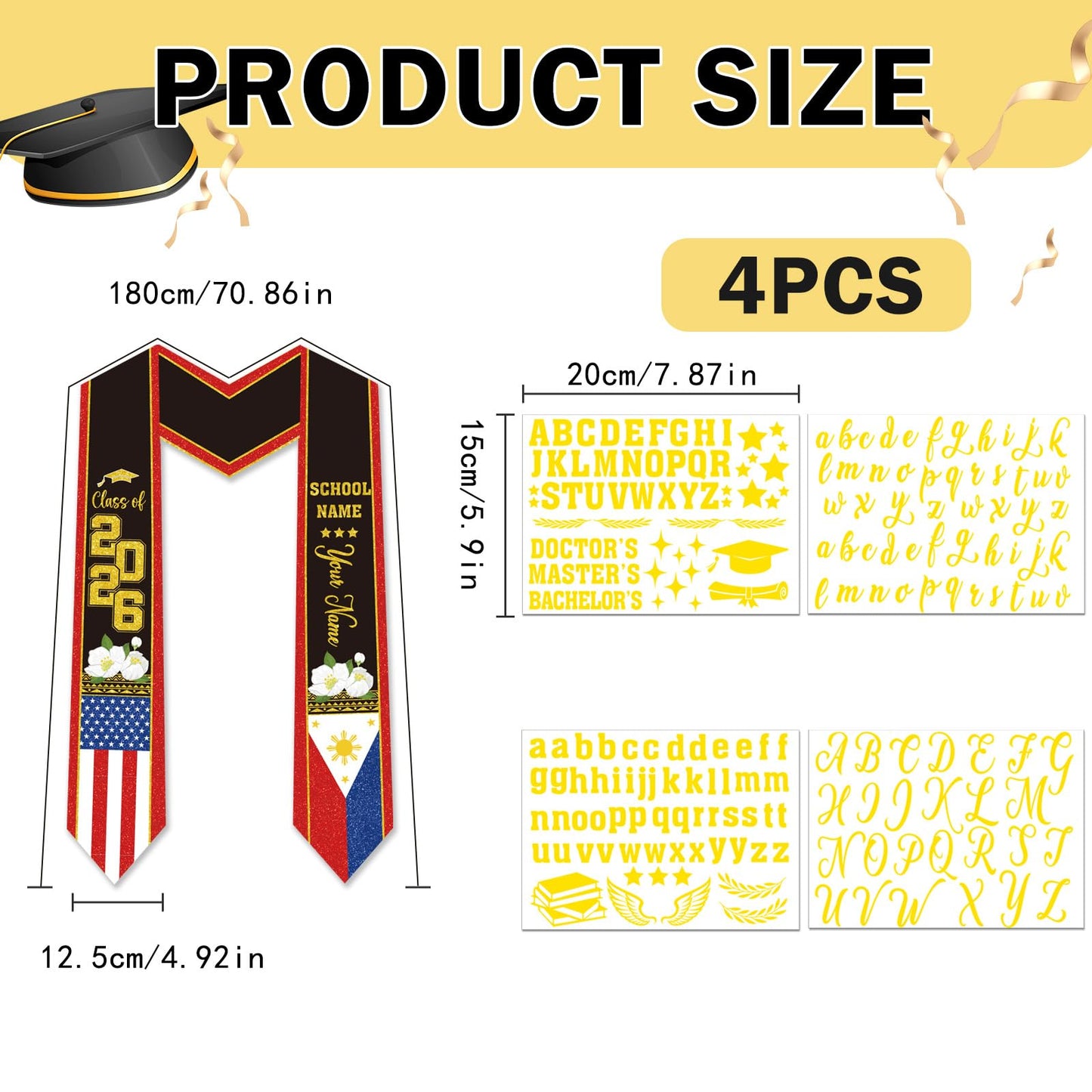 Dazoratix Filipino Graduation Stole 2026 - Philippines American Flag Sash Personalized Custom Glitter Iron on Letters Patches DIY Customize Transfer Stickers for Senior Student School Grad Decorations BST326L