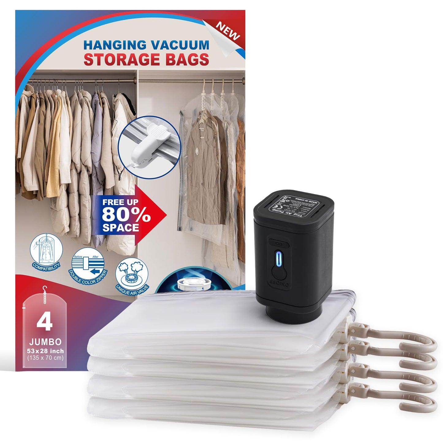 Hanging Vacuum Storage Bags, 6 Pack Hanging Storage Bags for Clothes With Electric Pump N27