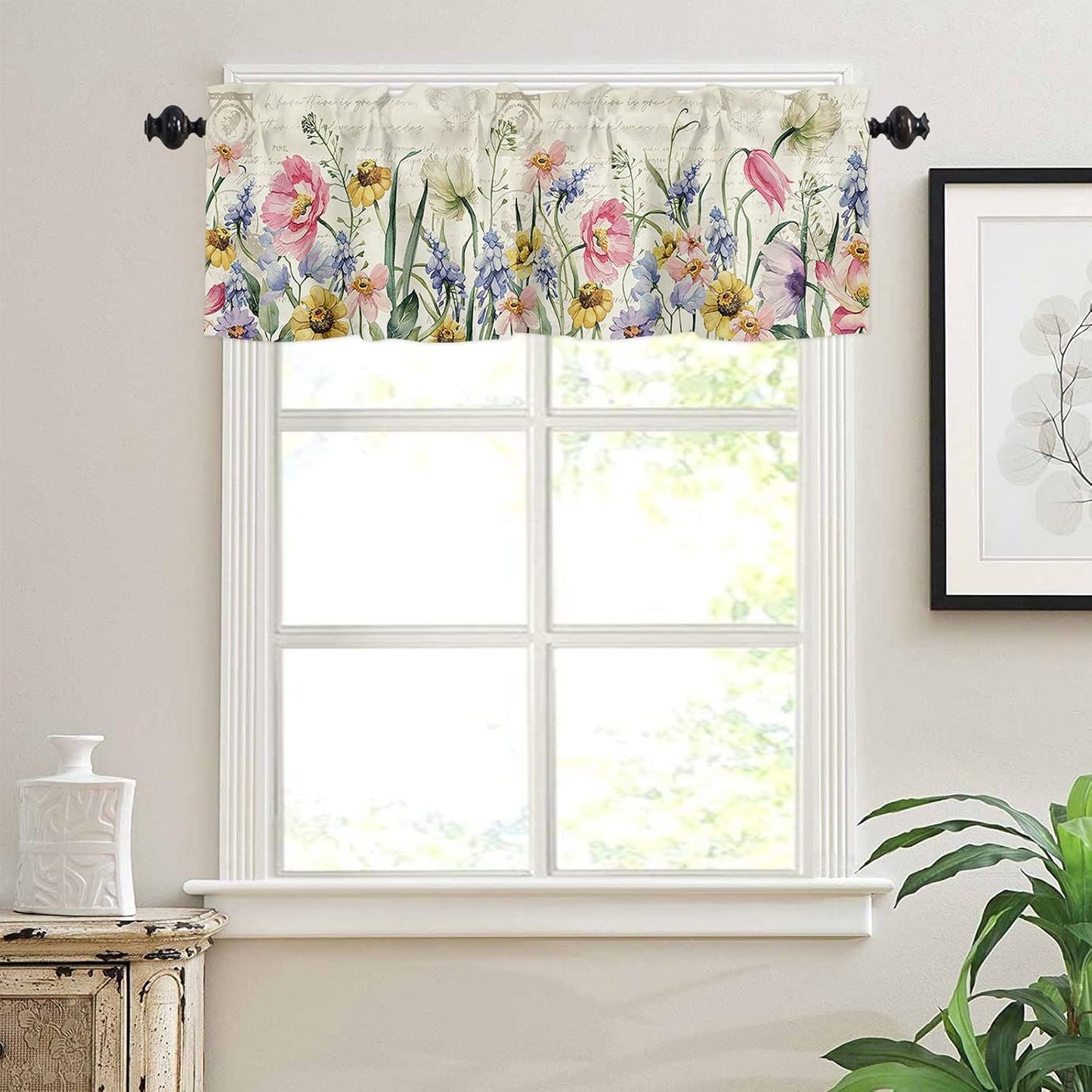 Spring Curtain Valances for Windows, Retro Wild Plants Flowers Rod Pocket Valance Window Treatments Botanical Short Curtains for Kitchen Bathroom Living Room 54 x 18 Inches, 1 Panel BST326H