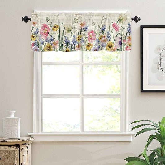 Spring Curtain Valances for Windows, Retro Wild Plants Flowers Rod Pocket Valance Window Treatments Botanical Short Curtains for Kitchen Bathroom Living Room 54 x 18 Inches, 1 Panel BST326H