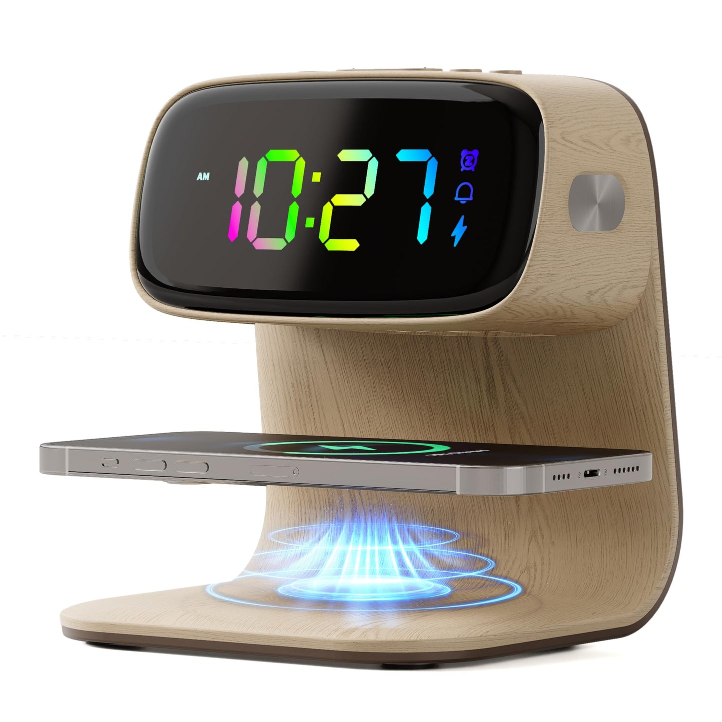 Digital Alarm Clock with Wireless Fast Charging Station 15W Touch Smart Lamp for Bedside,3 Colors Nightlight Adjustment Night Lamp for Living Room,Bedside,Heavy Sleepers (Woodgrain+Cable&Adapter) BST220