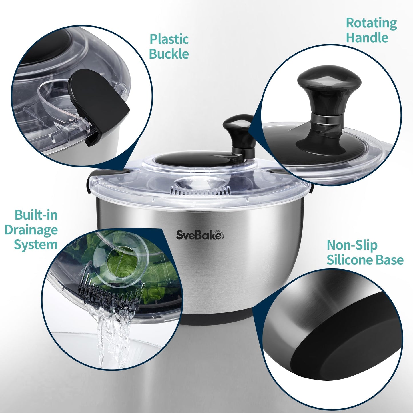 Stainless Steel Salad Spinner, 4.8 Qt Vegetable Washer, BPA-Free Lettuce Dryer with Crank Design, Easy Clean, Non-Slip Base - Transparent Lid BST220