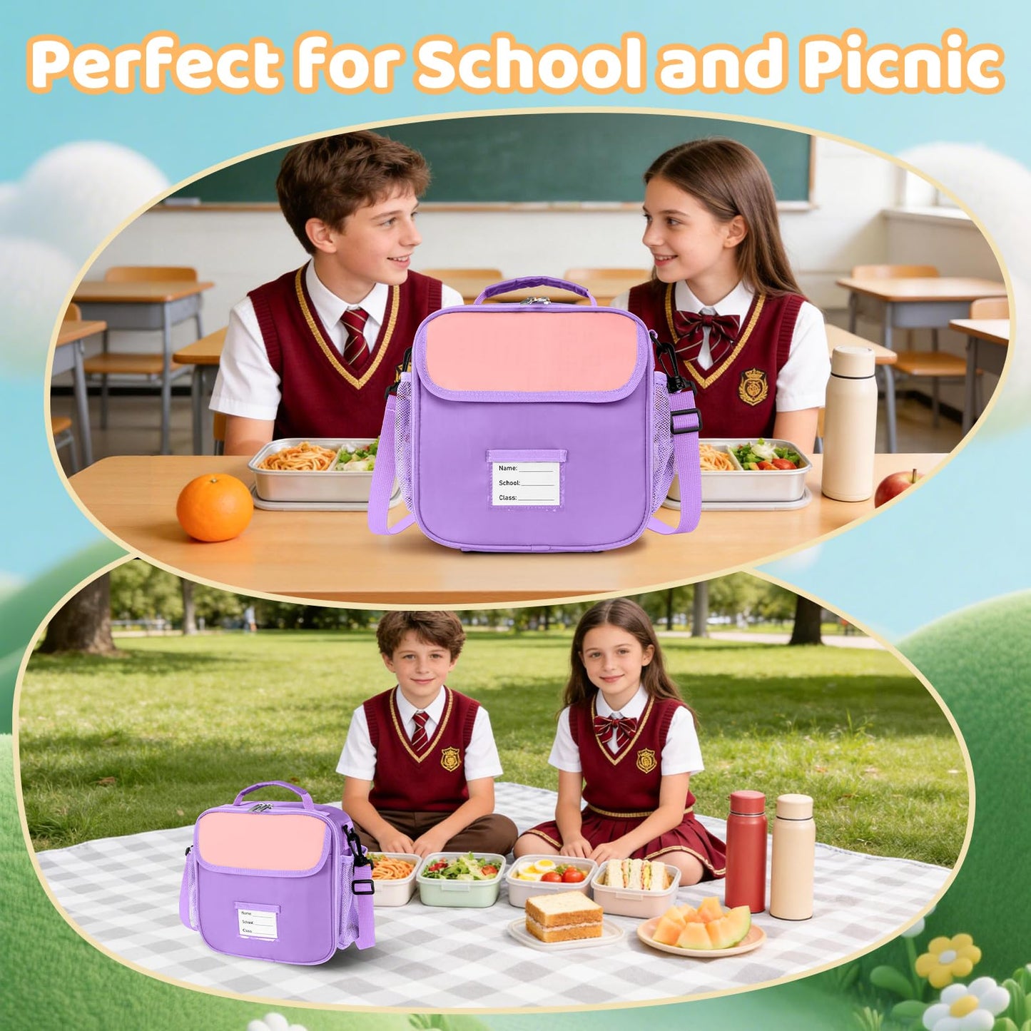 Lunch Bag for Kids Insulated Lunch Boxe for Boys Girls Small Reusable Cooler Tote Lunchbag Back to School Cute Lunchbox for Teens (light blue) WN420