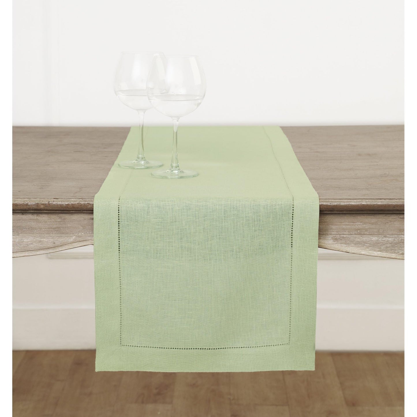 Solino Home 100% Pure Linen Table Runner Garden Green Hemstitch, 14 x 48 in | Classic Hemstitch Table Runners for dining, hallway and console table styling | hand hemstitched borders | OEKO-TEX Certified BST326SOLH