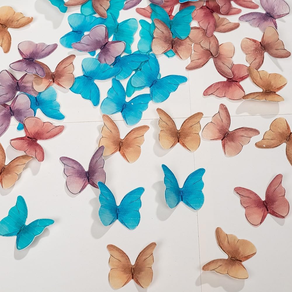 Edible Butterflies for Cake Decorating, Rainbow edible Butterfly Cake Toppers and Cupcake Toppers, Edible Wafer Paper Butterflies Set of 48 Rainbow Cake Food Decorations (5Colors-1) BST326L
