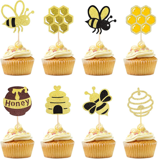 24 PCS Bumble Bee Cupcake Toppers Glitter Heart Honeycomb Bee Cupcake Picks BaBy Shower Cake Decorations for Bee Theme Baby Shower Kids Birthday Party Supplies WN420