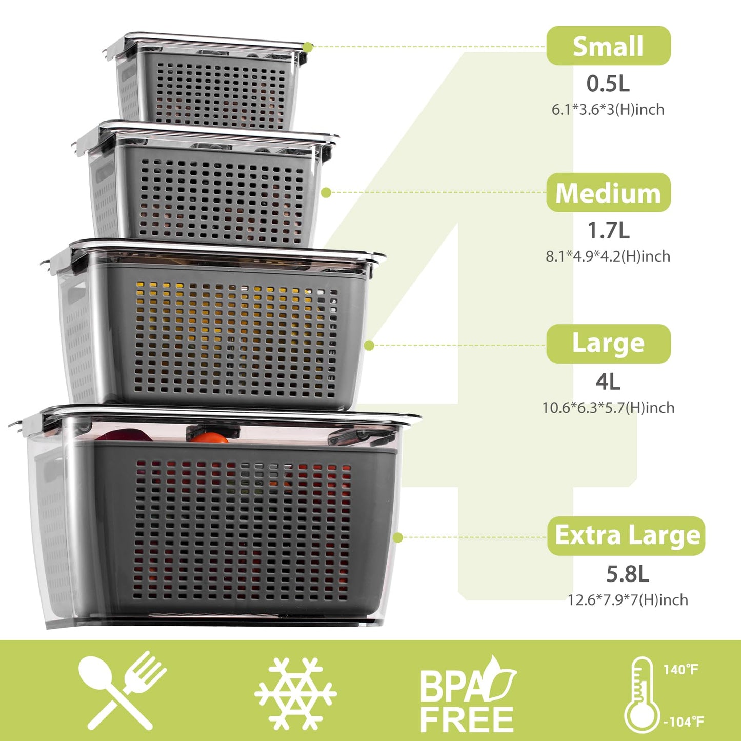 LUXEAR 4 Pack Fruit Vegetable Containers for Fridge, Produce Saver Container with Lids &Removable Colander BPA-free Refrigerator Storage Organizer for Fruit Vegetable, Berry, Meat keep Fresh Longer DD1210