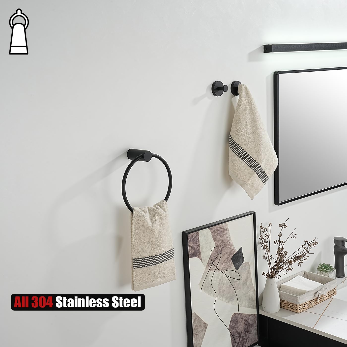 JQK Black Towel Ring, 304 Stainless Steel Matte Black Hand Towel Holder for Bathroom, Wall Mount, TR630-PB BST220