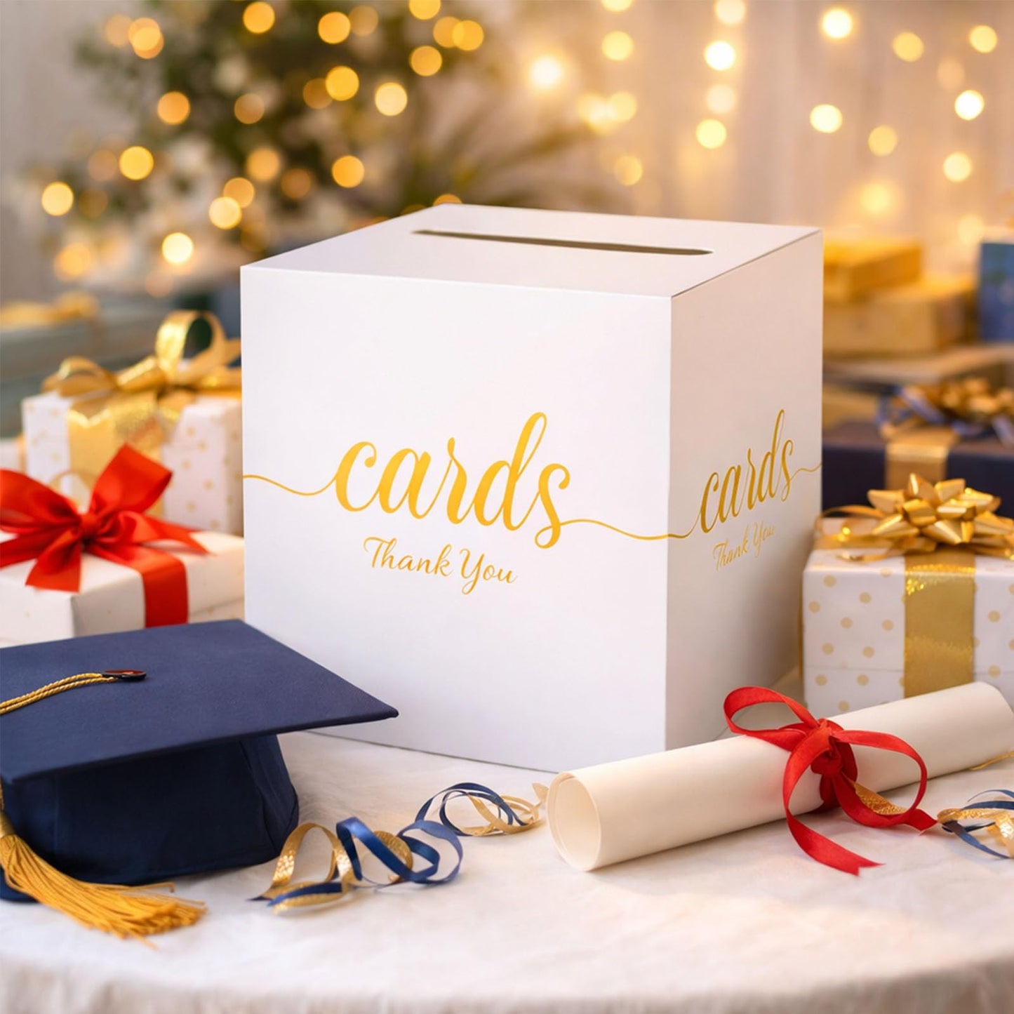 1 Pack White and Gold Wedding Card Box for Party Graduation Bridal Baby Shower Retirement Decorations Cardboard Birthday Card Holder Raffle Ballot Voting Box with Slot 7.8 x 7.8 x 7.8 In BST220