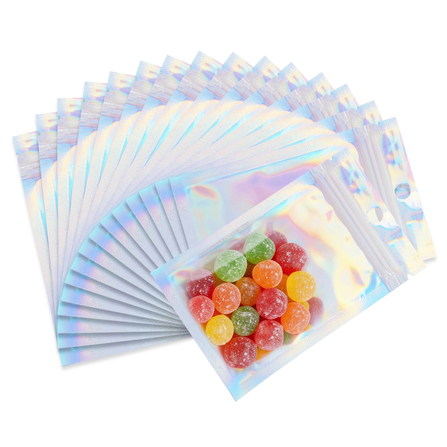 Holographic Mylar bags -100Pcs Self-Seal Resealable Zip Baggies with Clear Window, Smell Proof Laser Iridescent White 3x4.7 inch for Small Business Samples, Party favors,Snacks,Jewelry BST326L