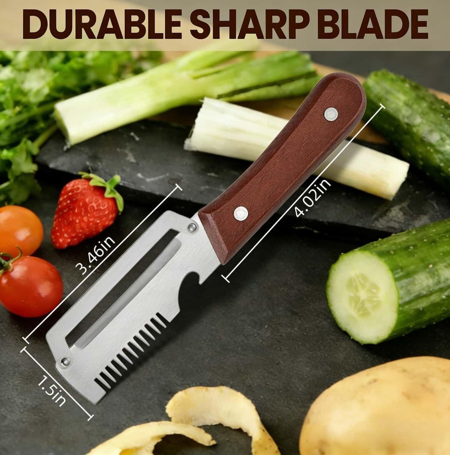 1 Pack New Multifunctional Vegetable Peeler with Wooden Handle and Bottle Opener, Stainless Steel Peeler for Kitchen, Multi Functional Vegetable Peeler for Fruit Potato Carrot Pumpkin Zucchini BST326L