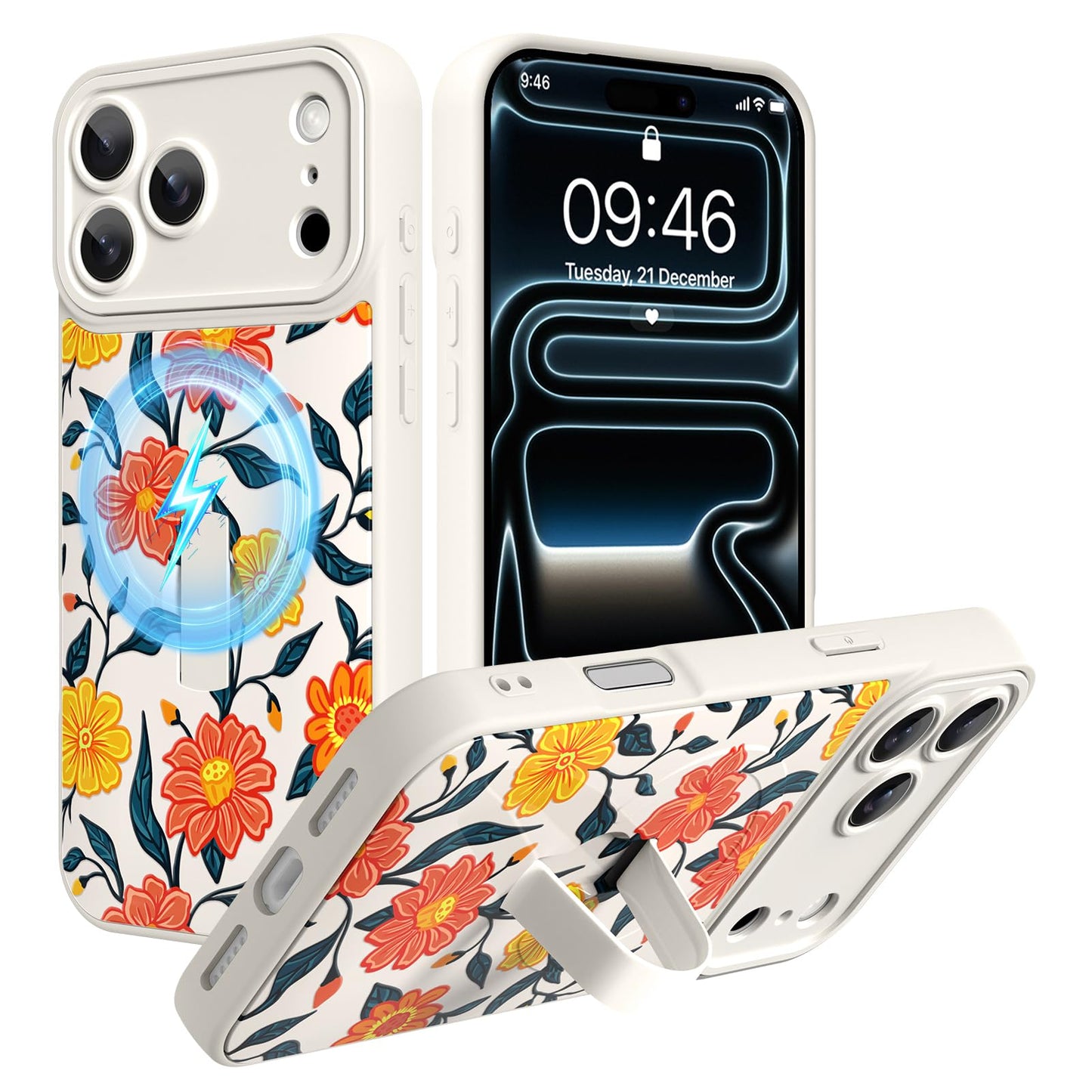 Compatible with iPhone 13 Case, Cute Cheetah Leopard Pattern | Built in Adjustable Wrist Strap Grip Hand Holder Stand Shockproof Kickstand Cover for Women Girls (Black White) WN420