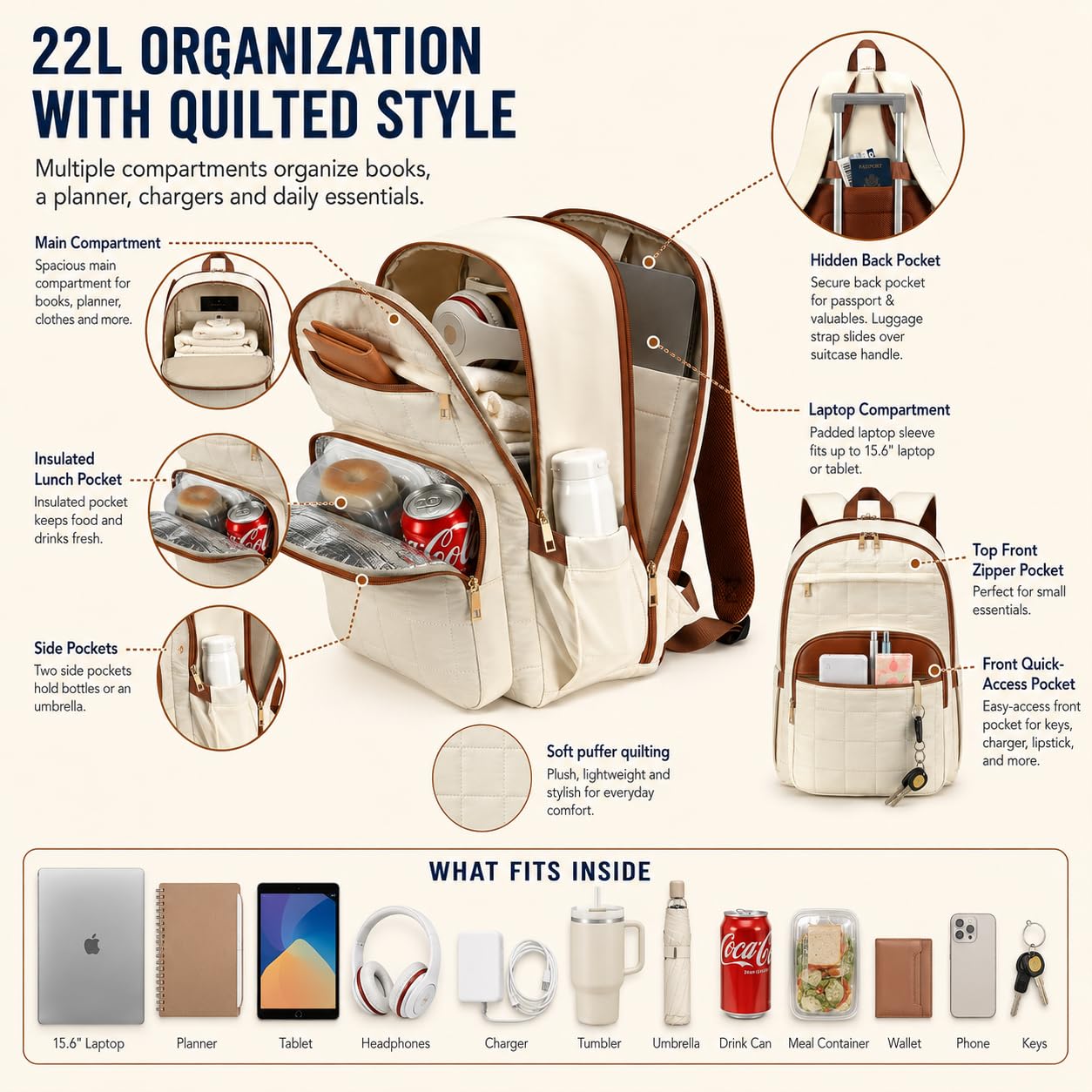 CAMTOP College Backpacks for Women, School Backpack with Insulated Lunch Pocket BST326H