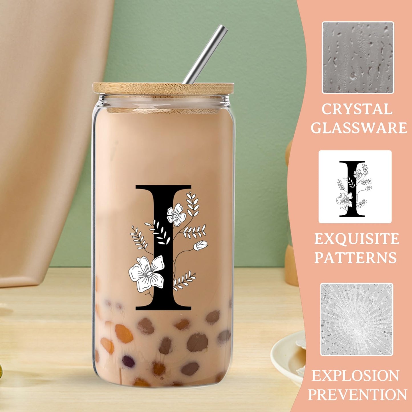 Monogrammed Initial Glass Cup with Lids and Straws gift for Women | Personalized Gift Set with Doll, 16 Oz Ice Coffee Cup ,reusable glass tumbler,Birthday Christmas Gift for Her,U WN420