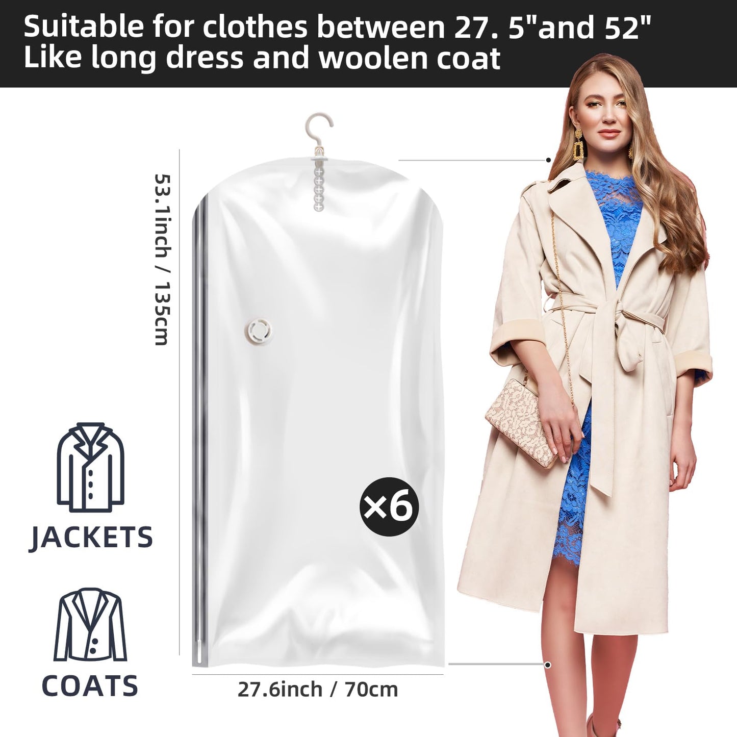 Hanging Vacuum Storage Bags, 6 Pack Hanging Storage Bags for Clothes With Electric Pump N27