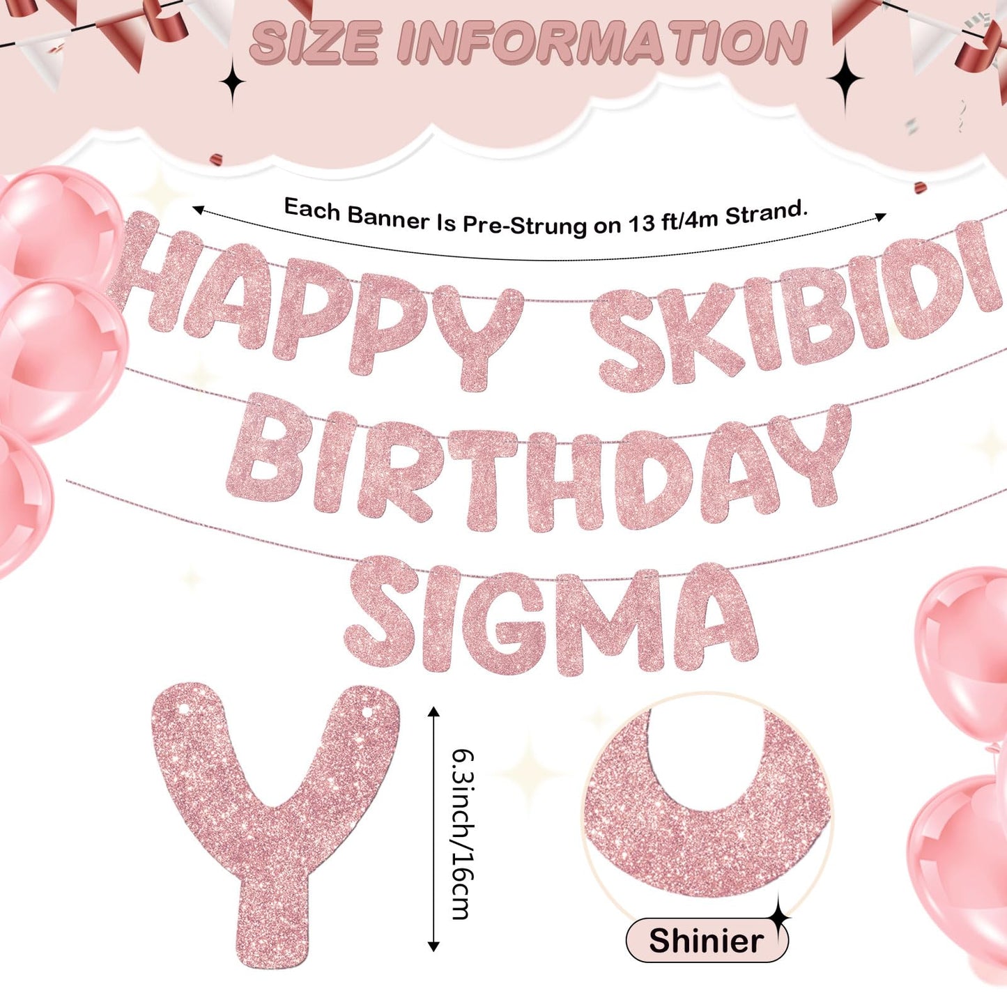 Fulmoon Pre Strung Happy Skibidi Birthday Sigma Banner Glitter Funny Zoomer Gen Z Slang Birthday Party Supplies Gen Z Slag Party Decorations Sign Gift(Champagne Gold) WN420