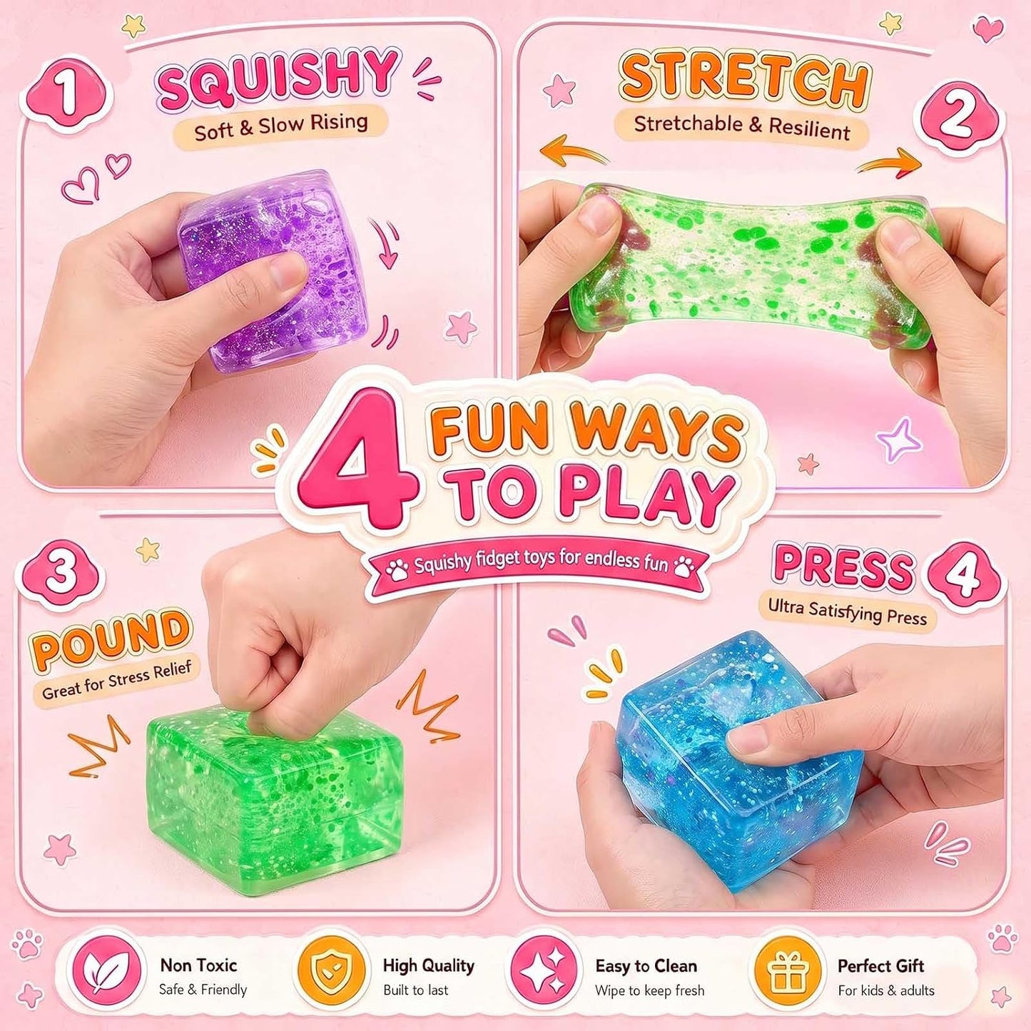 BENWIL 6 Pack Big Glitter Sugar Ice Cube Squishy Stress Balls Kit - Cube Squeezee Fidget Squishy Box Toys for Kids Adults, Holiday and Birthday Gifts, Perfect Party Toy Gift, Easter Basket Gift BST326H