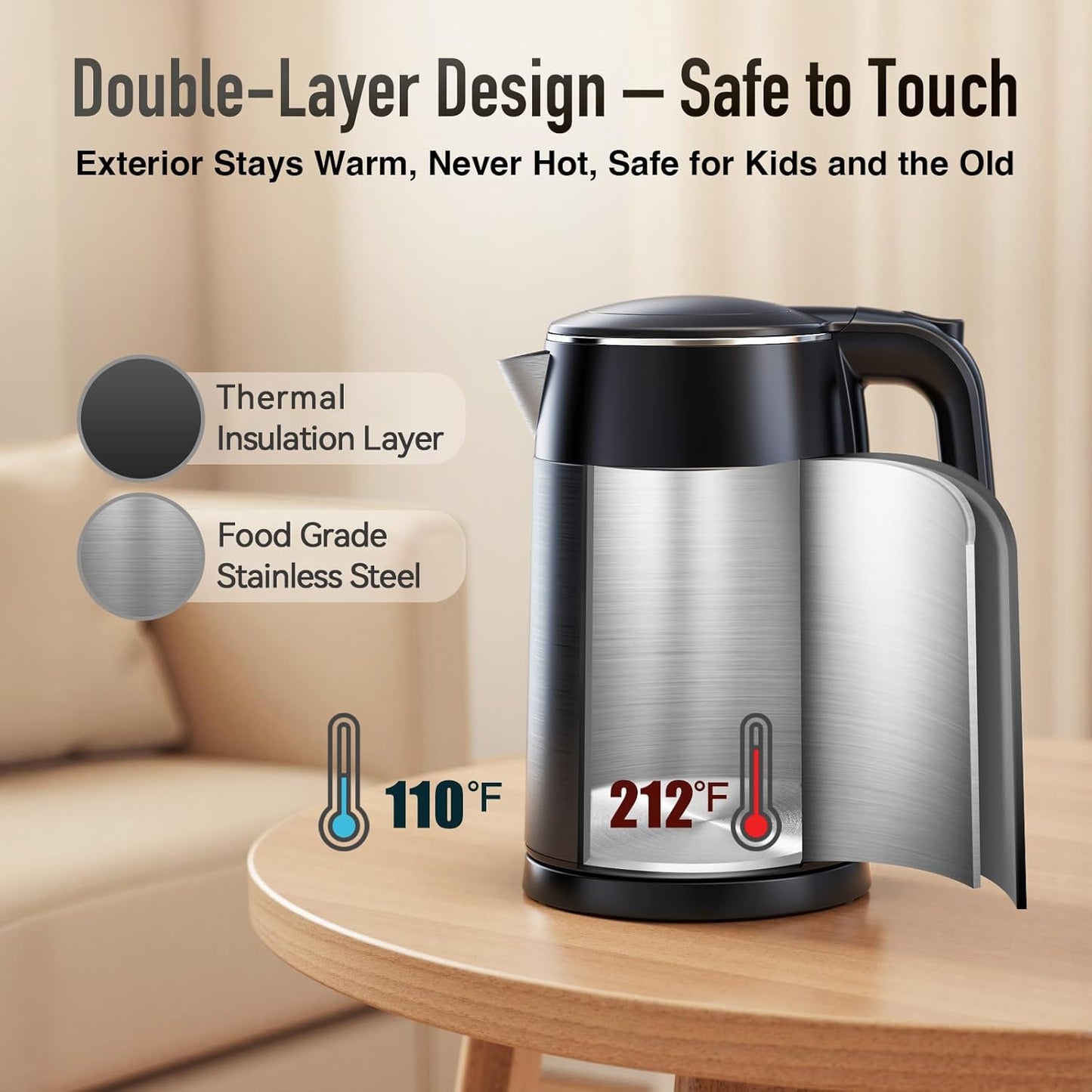 Mecity Electric Kettle 1.7L Touch Screen Temperature Control Water Boiler, No Plastic Contact with Water. 6 Preset Temperature Programs, 2 Hours Keep Warm, Auto Shut Off, Dark Grey DD1210